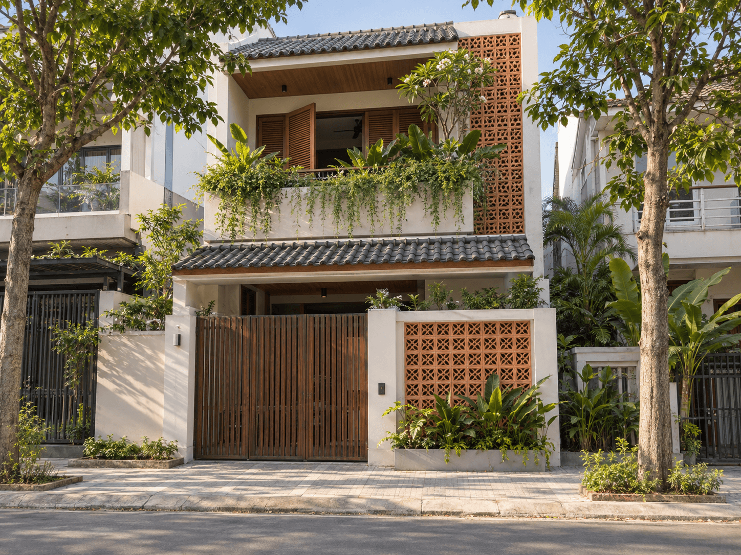 Nhà phố với lam gỗ và gạch thông gió